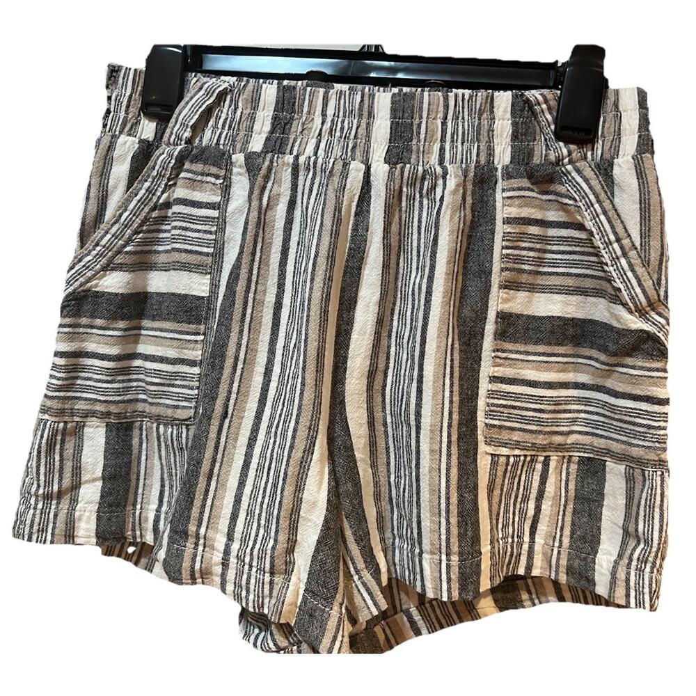 C EST 1946 Linen Blend Gray & Tan Shorts Elastic Waist Pockets Beachy Boho MED